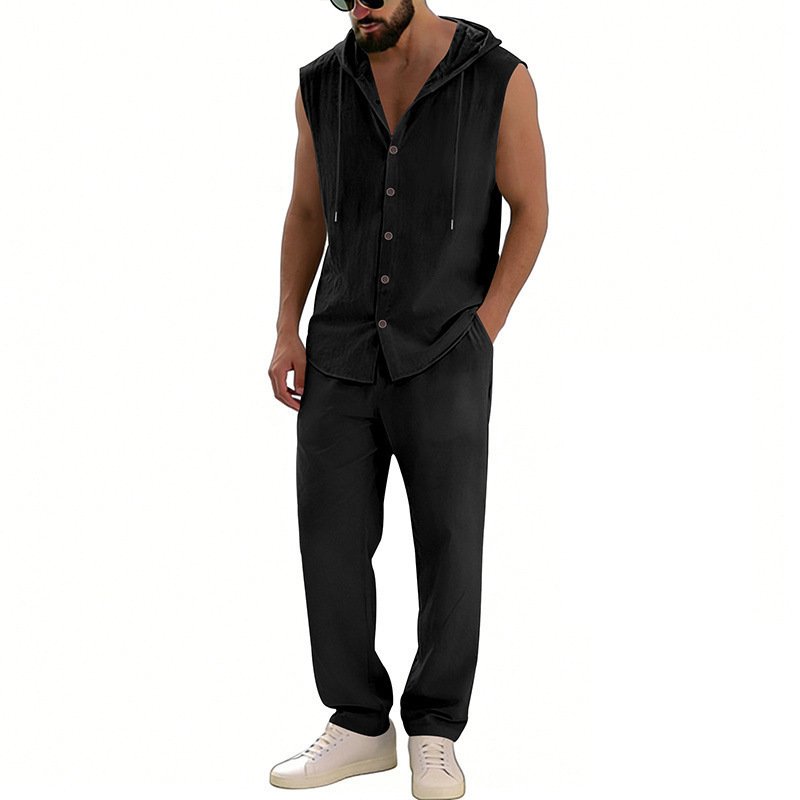 Loose-fitting Casual Hooded Sleeveless Shirt And Pants Set