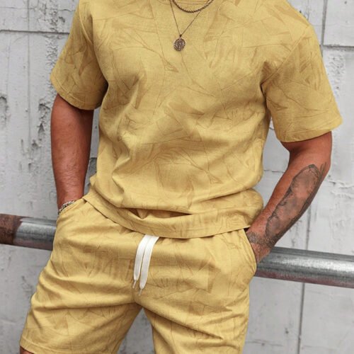 Mens Casual Outdoor Sports Printed Short-Sleeve Top And Shorts Two-Piece Set