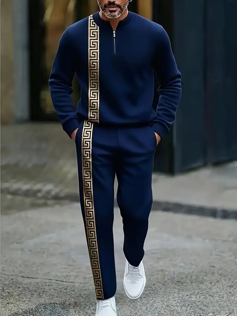 Long-sleeve Polo Shirt Long Pants Half-zip Placket Casual Sportswear Set