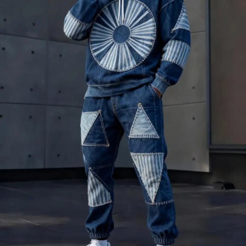 Mens Lettered Denim Hoodie With Fashionable 3D Print