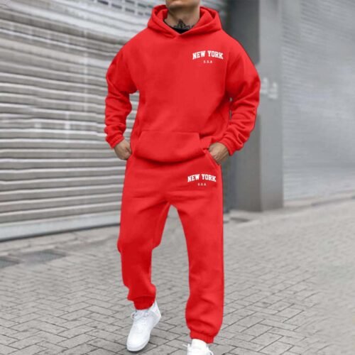 Mens Fleece-Lined Hooded Printed Sweatshirt And Hoodie Set