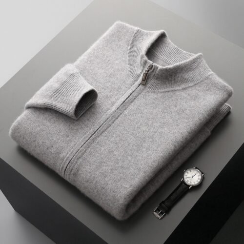 Business Mens Casual Double-Faced Wool Knit Sweater With Zipper In Solid Colors
