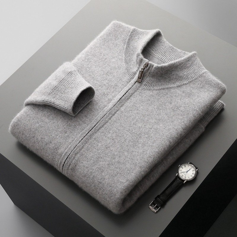Business Mens Casual Double-Faced Wool Knit Sweater With Zipper In Solid Colors
