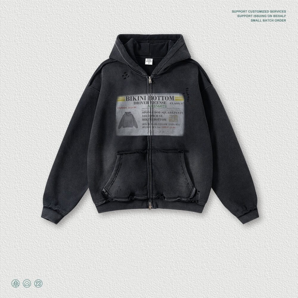 Mens Printed Ripped Zip-Up Hoodie Cardigan Coat