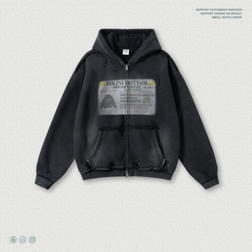 Mens Printed Ripped Zip-Up Hoodie Cardigan Coat