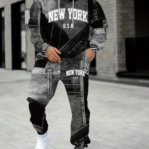 Mens Lettered Denim Hoodie With Fashionable 3D Print