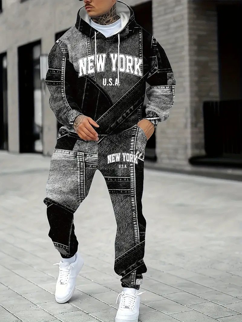 Mens Lettered Denim Hoodie With Fashionable 3D Print