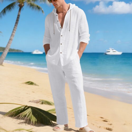 Loose, Breathable Linen Casual Hooded Long-sleeve Shirt And Pants Set