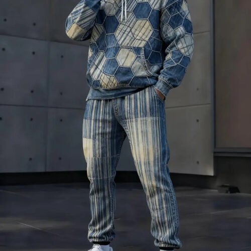 Mens Lettered Denim Hoodie With Fashionable 3D Print