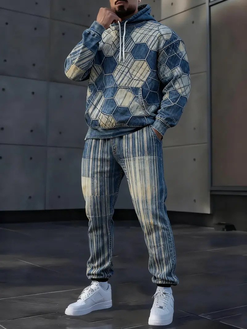 Mens Lettered Denim Hoodie With Fashionable 3D Print