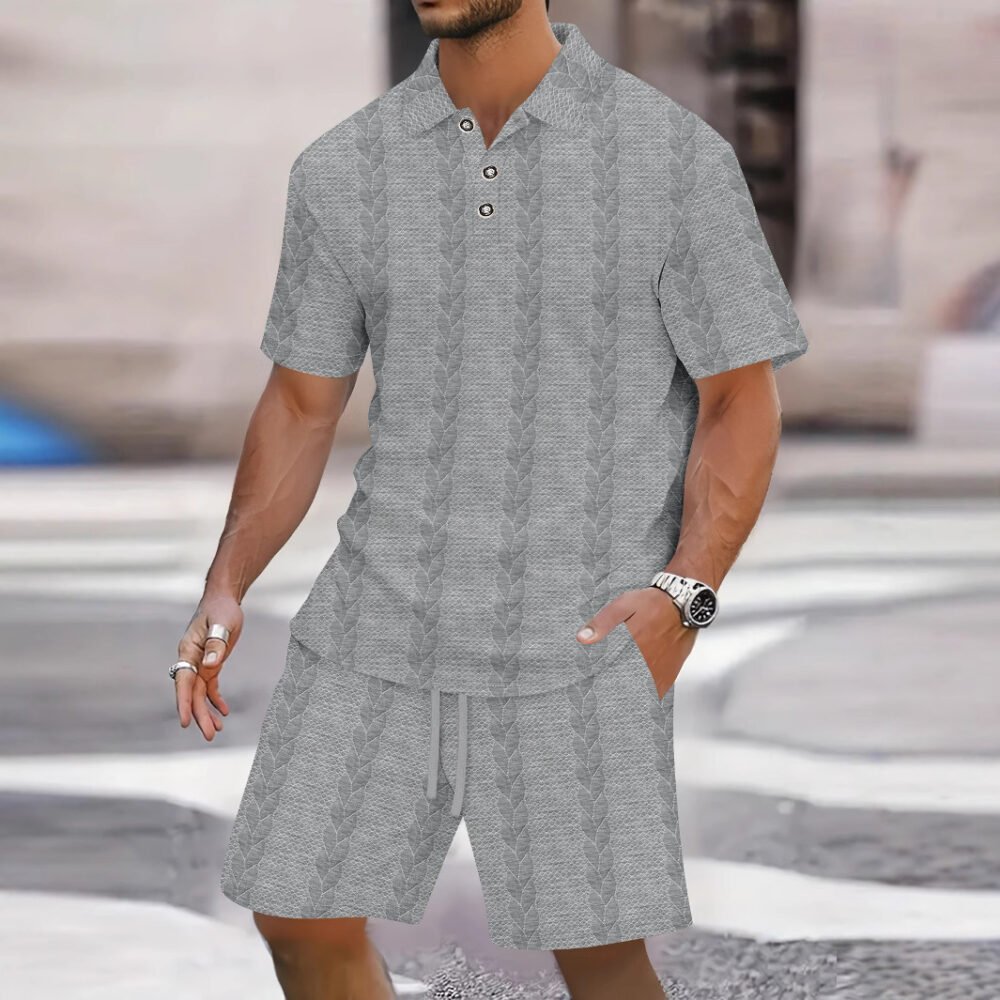 Mens Athletic Set Lapel-collar Short-sleeve Top With Shorts