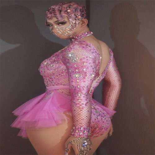 Dance Sexy Shiny Rhinestone Mesh Jumpsuit Stage Performance Costume Women