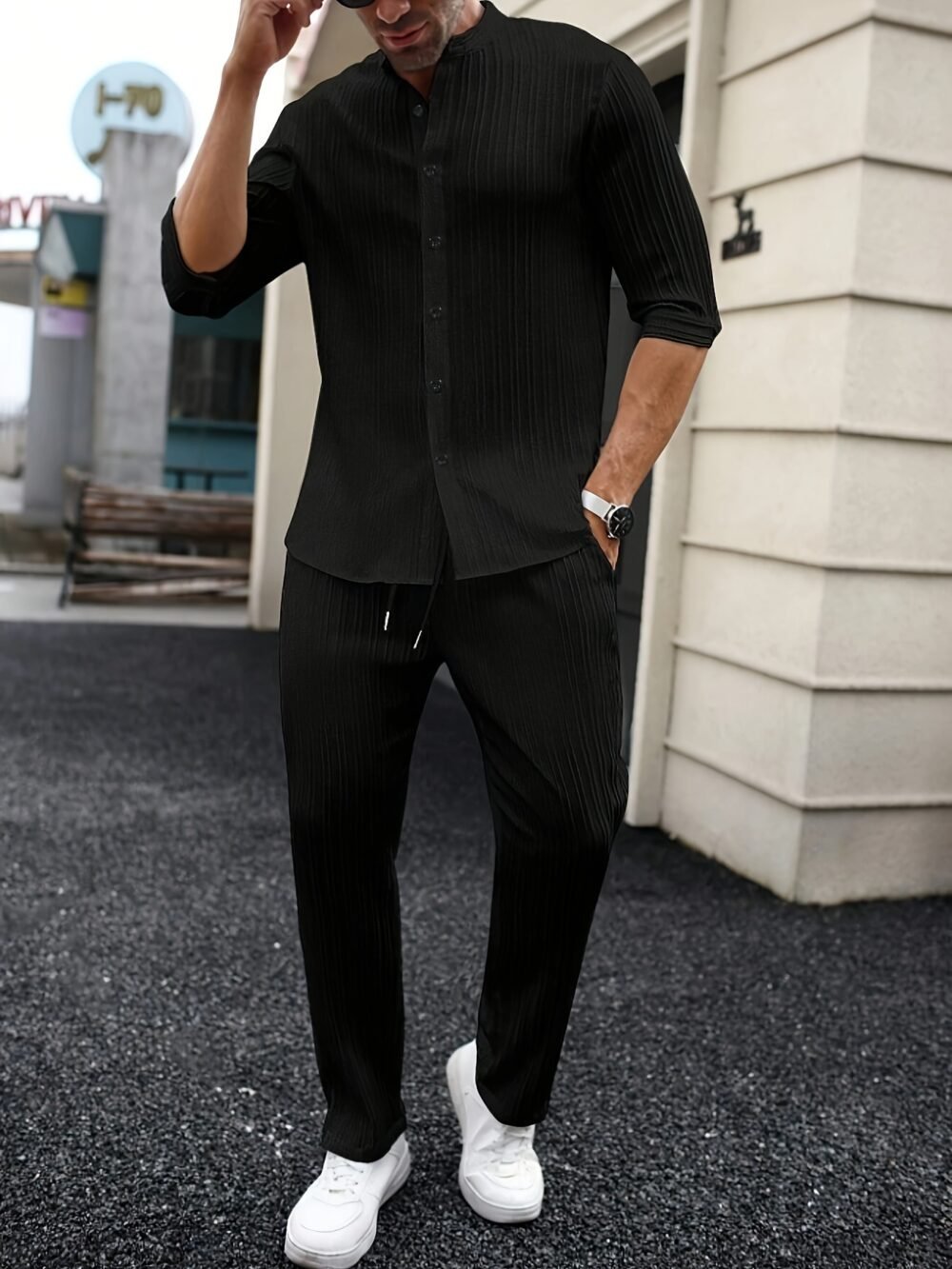 Mens Solid-Color SpringSummer Shirt And Pants Set