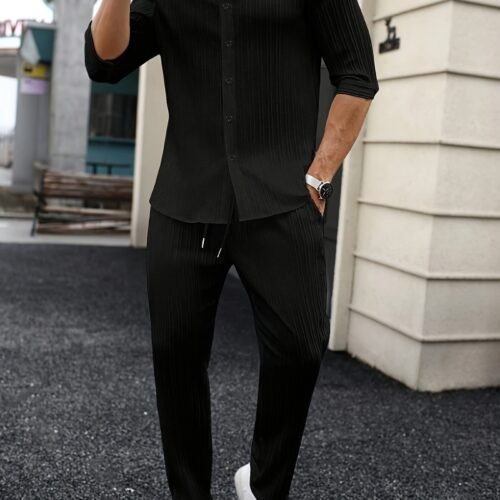 Mens Solid-Color SpringSummer Shirt And Pants Set