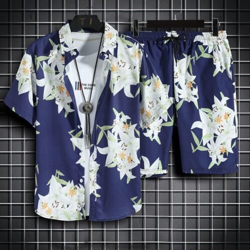 Mens Short-Sleeve Shirt And Casual Shorts Set