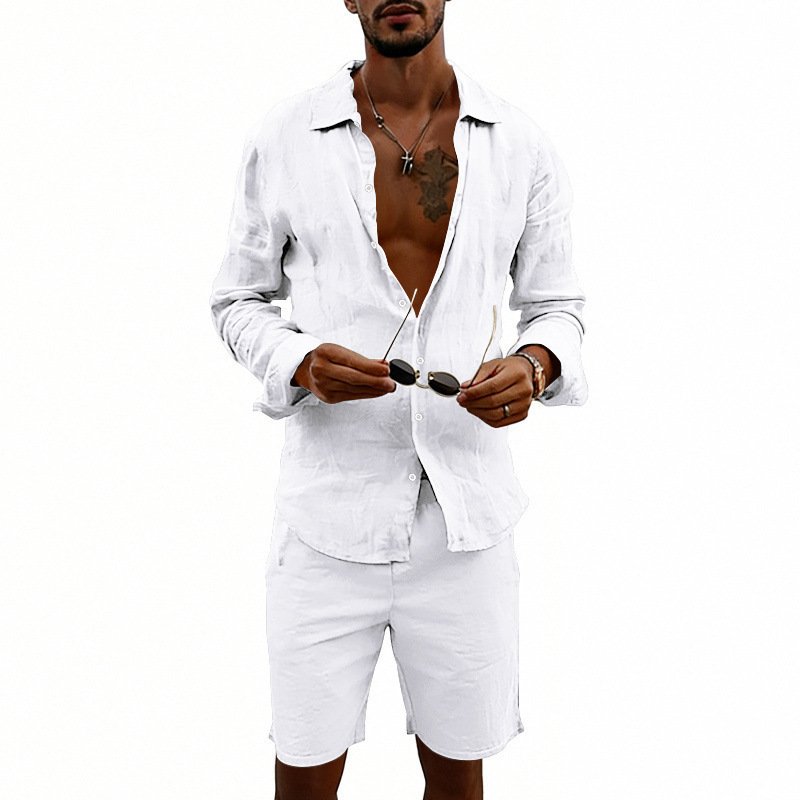 Men's Linen Casual Loose-Fit Long-Sleeve Shirt And Shorts Set