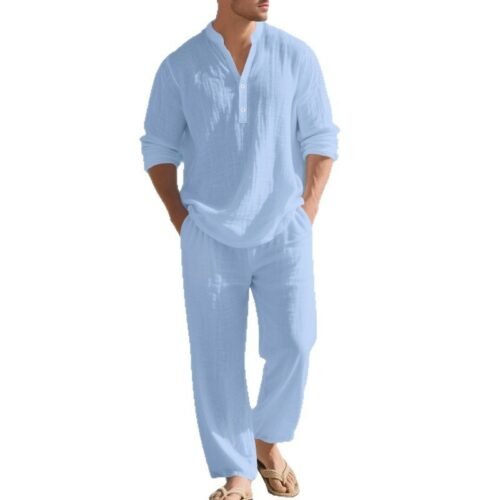 Mens Loose-Fit Long-sleeved Suit Casual Breathable V-Neck Henley Shirt And Long Pants Set Beach Clothing