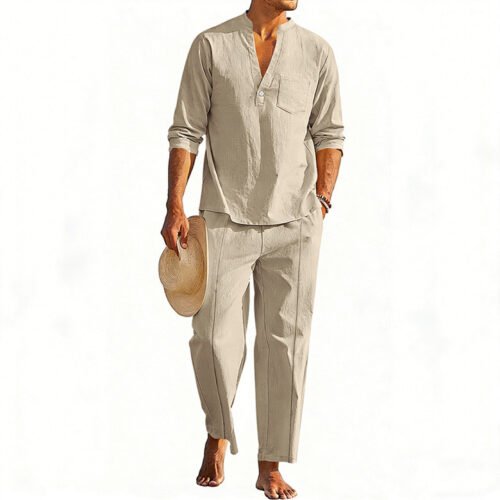 Casual Men's Henley Long-Sleeve Straight-Leg Pants Set