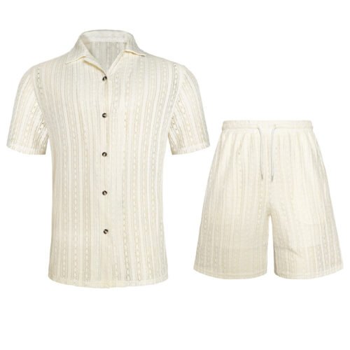 Mens Hollow-Out Breathable Short-Sleeve Shirt And Shorts Set