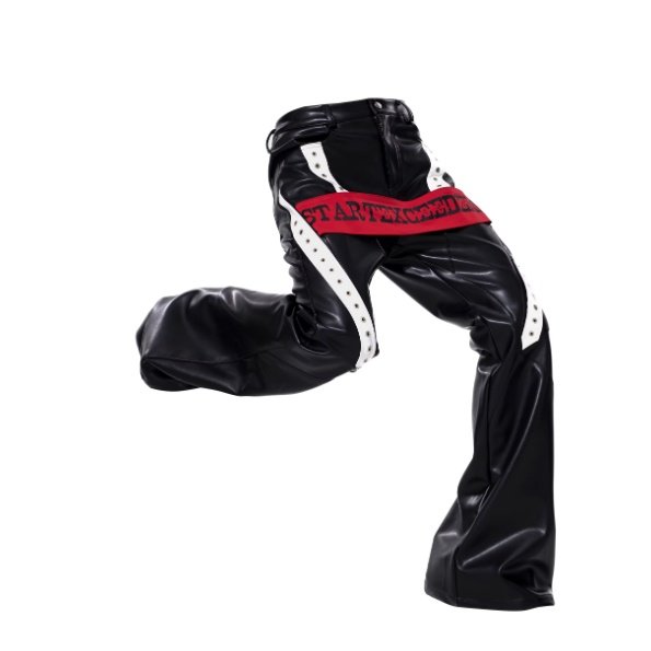 Mens Autumn Winter Color-Block Flared Leather Pants With Ribbon Design