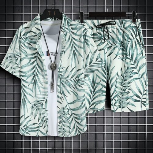 Mens Short-Sleeve Shirt And Casual Shorts Set