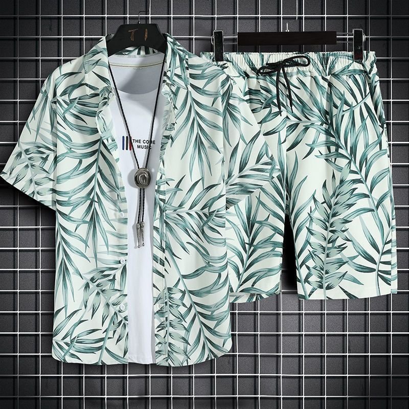Mens Short-Sleeve Shirt And Casual Shorts Set