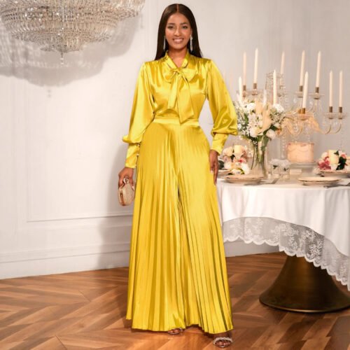 Sexy V-neck Bow Long Sleeve Top Elegant Pleated Wide Leg Trousers Suit