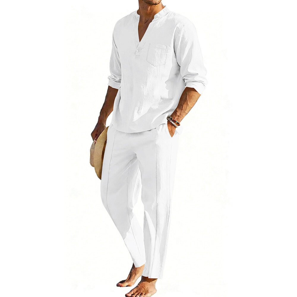 Casual Men's Henley Long-Sleeve Straight-Leg Pants Set