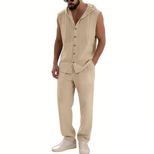 Loose-fitting Casual Hooded Sleeveless Shirt And Pants Set