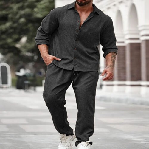 Men's Casual Long-Sleeve Top And Pants Two-Piece Set