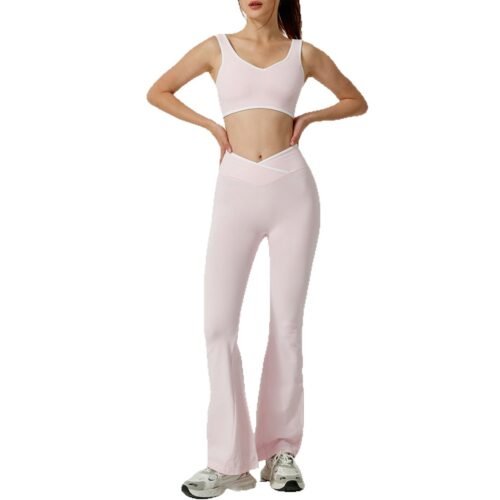 Contrast Color Round Neck Shoulder Strap Yoga Bra Bell-bottom Pants Suit