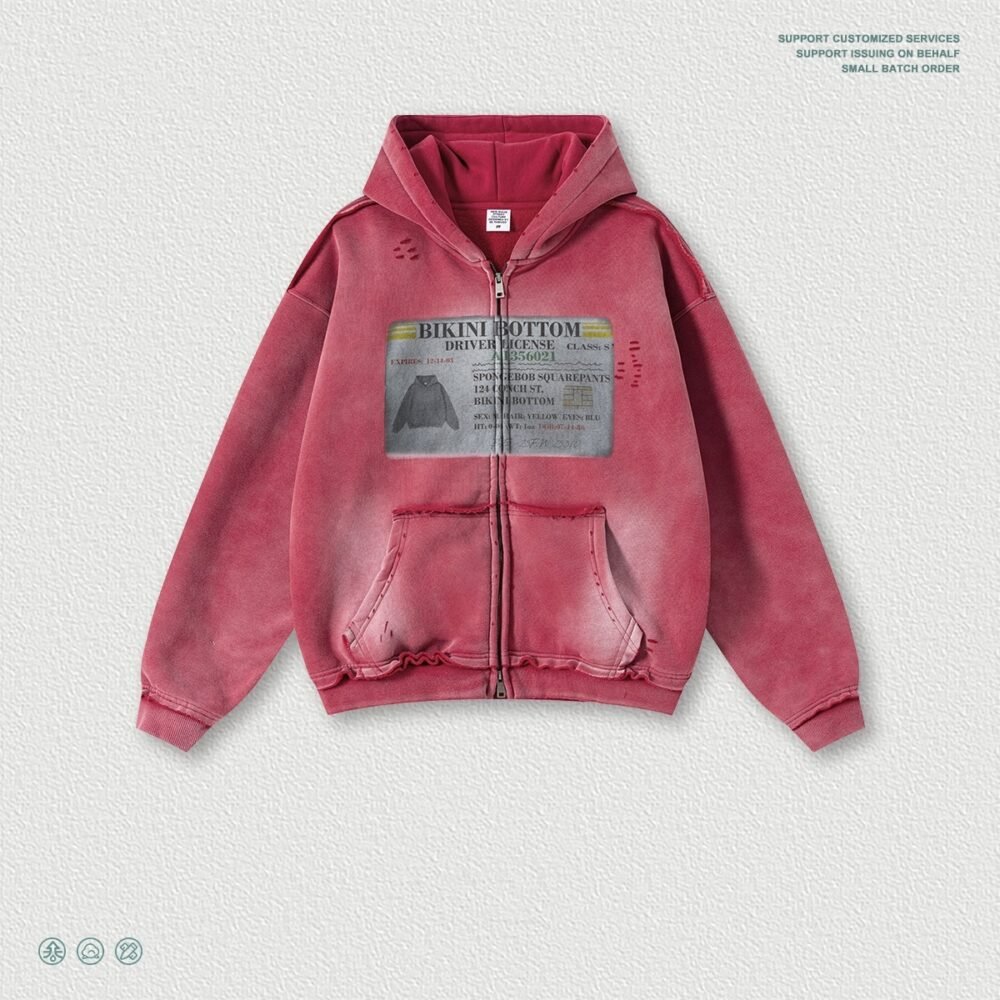 Mens Printed Ripped Zip-Up Hoodie Cardigan Coat