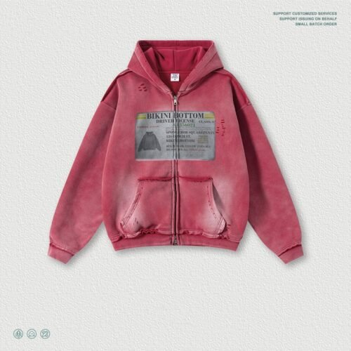 Mens Printed Ripped Zip-Up Hoodie Cardigan Coat