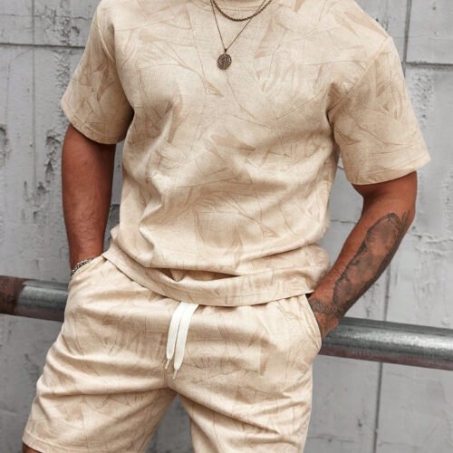 Mens Casual Outdoor Sports Printed Short-Sleeve Top And Shorts Two-Piece Set