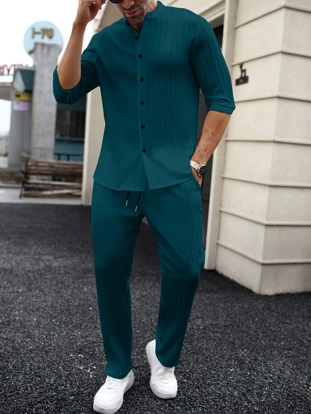 Mens Solid-Color SpringSummer Shirt And Pants Set
