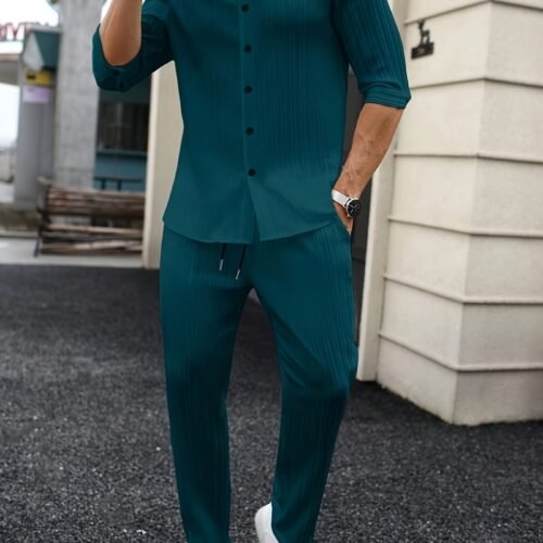 Mens Solid-Color SpringSummer Shirt And Pants Set