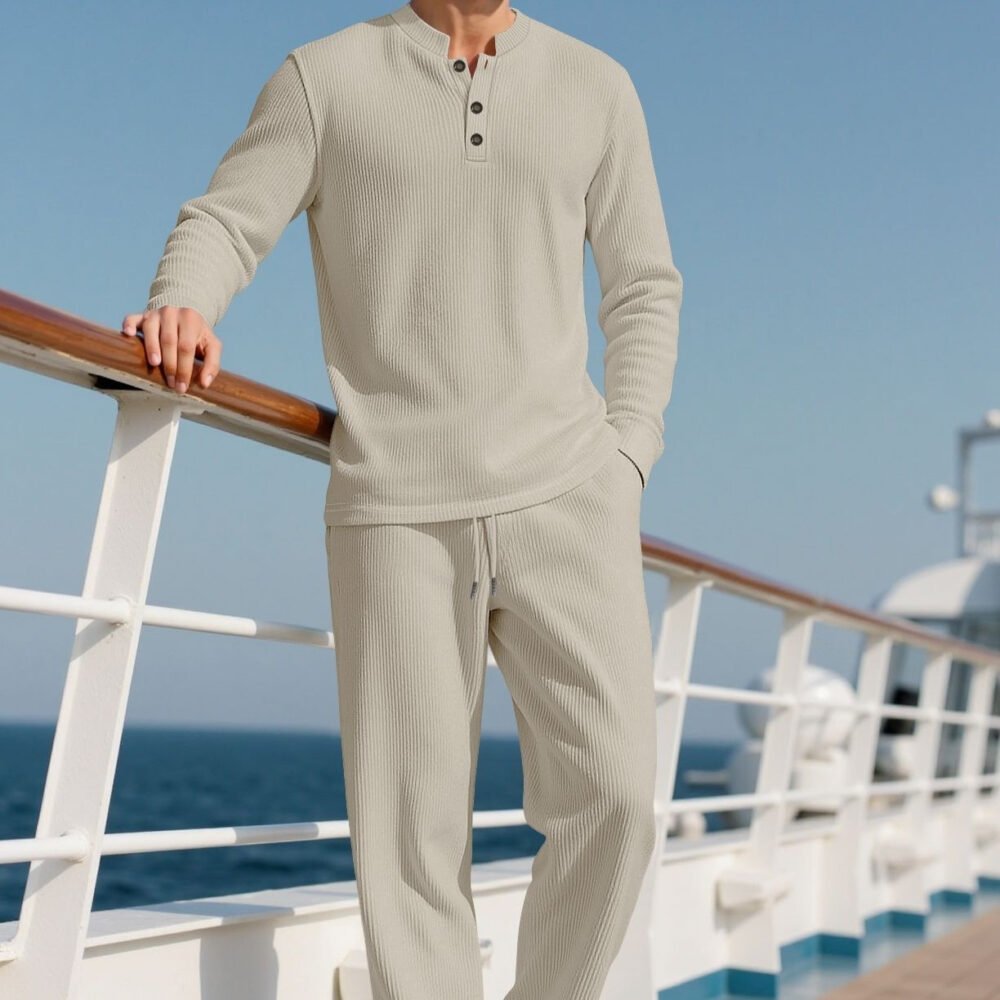 Mens Casual Solid-Color Button-Down Crew-Neck Long-Sleeve Pants Set