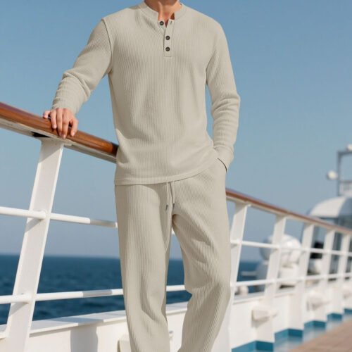 Mens Casual Solid-Color Button-Down Crew-Neck Long-Sleeve Pants Set
