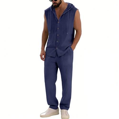 Loose-fitting Casual Hooded Sleeveless Shirt And Pants Set