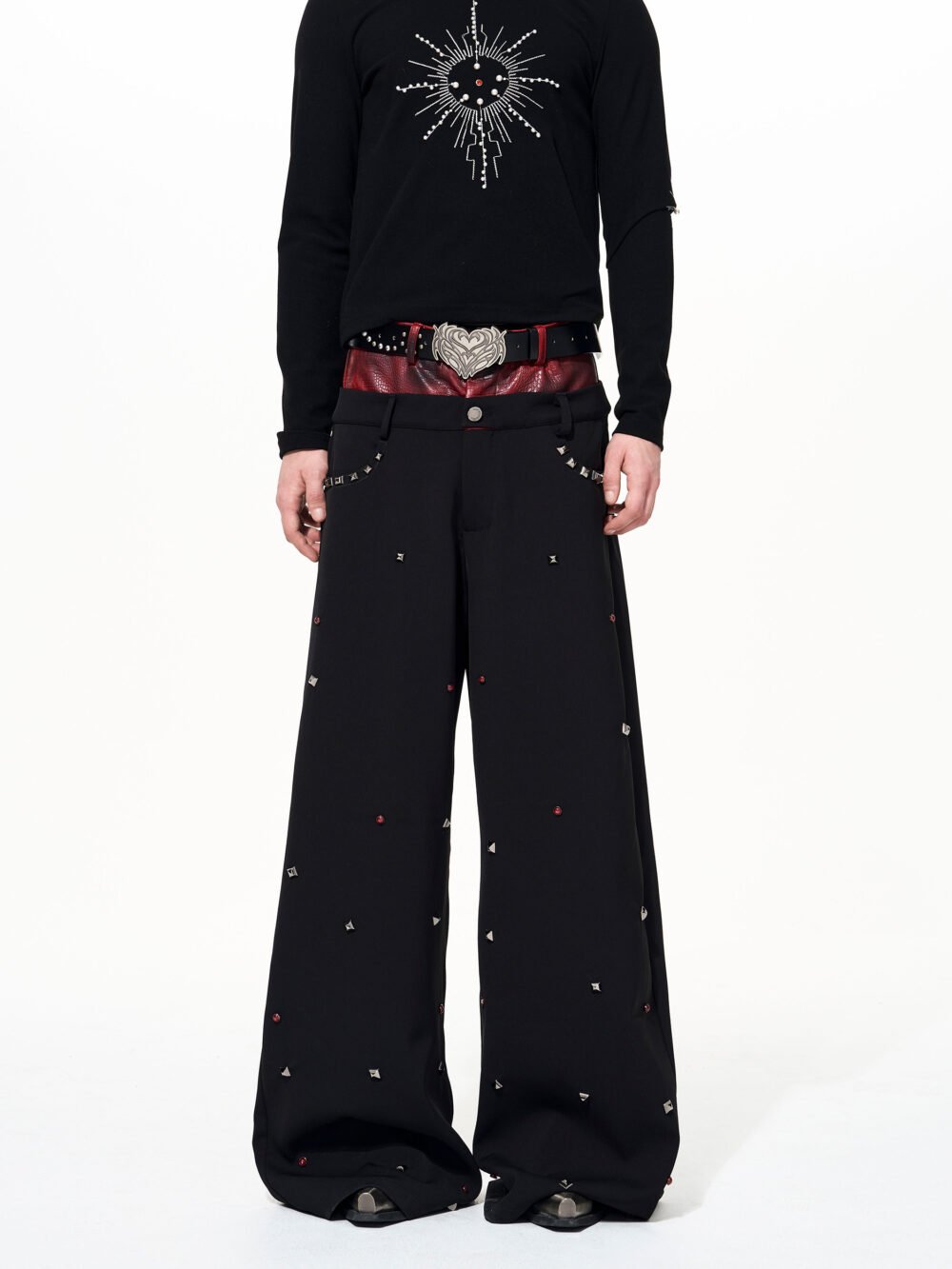 Leather-look Black Studded Design Jacket And Casual Pants Set