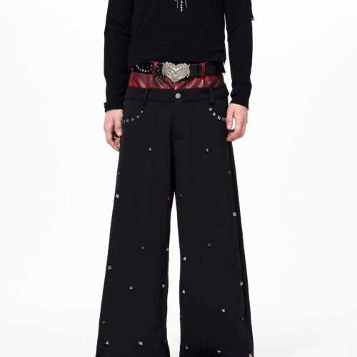 Leather-look Black Studded Design Jacket And Casual Pants Set