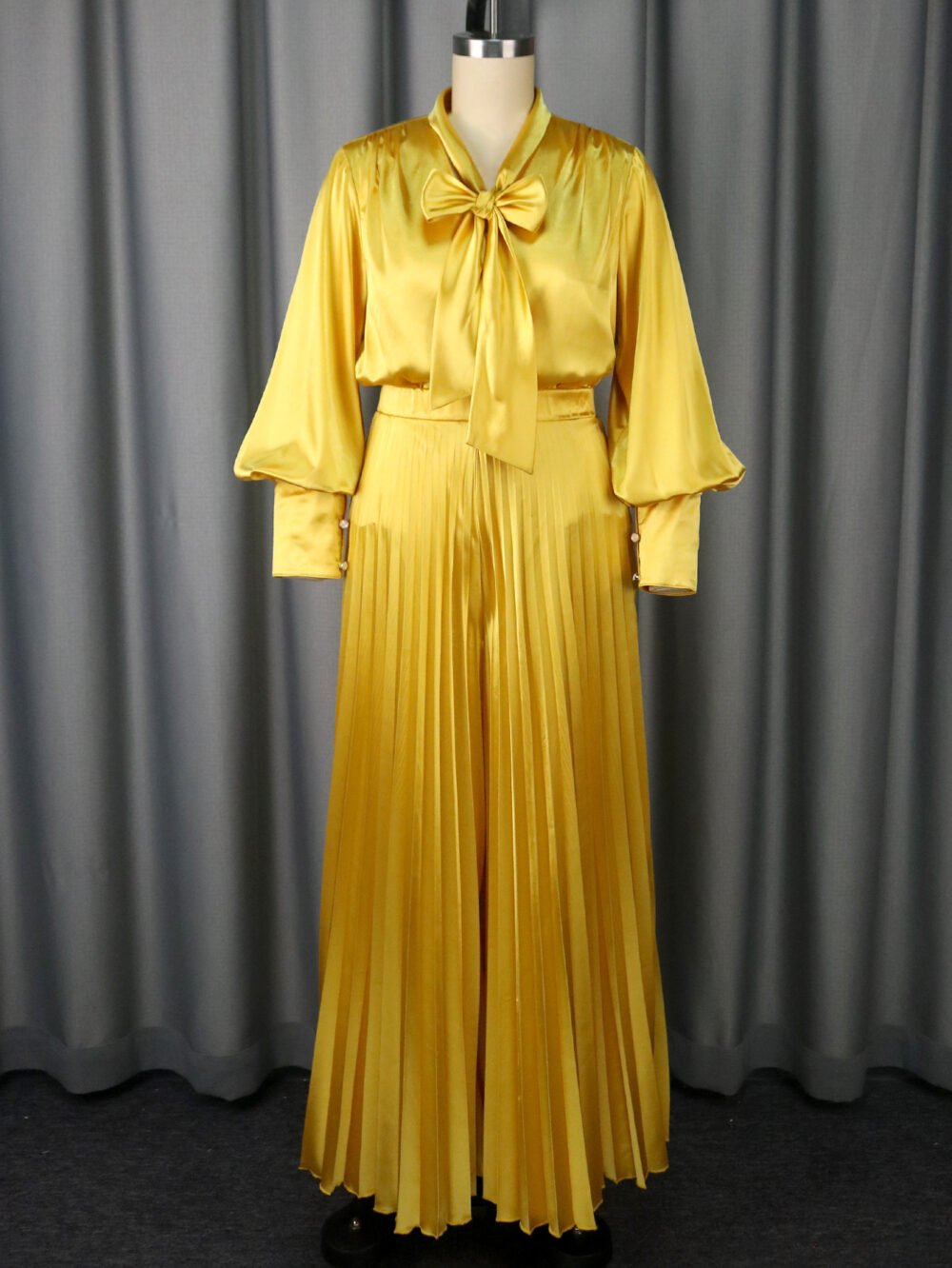 Sexy V-neck Bow Long Sleeve Top Elegant Pleated Wide Leg Trousers Suit