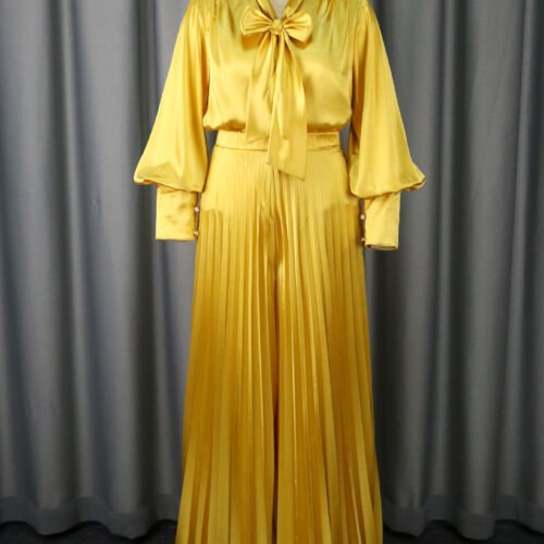 Sexy V-neck Bow Long Sleeve Top Elegant Pleated Wide Leg Trousers Suit