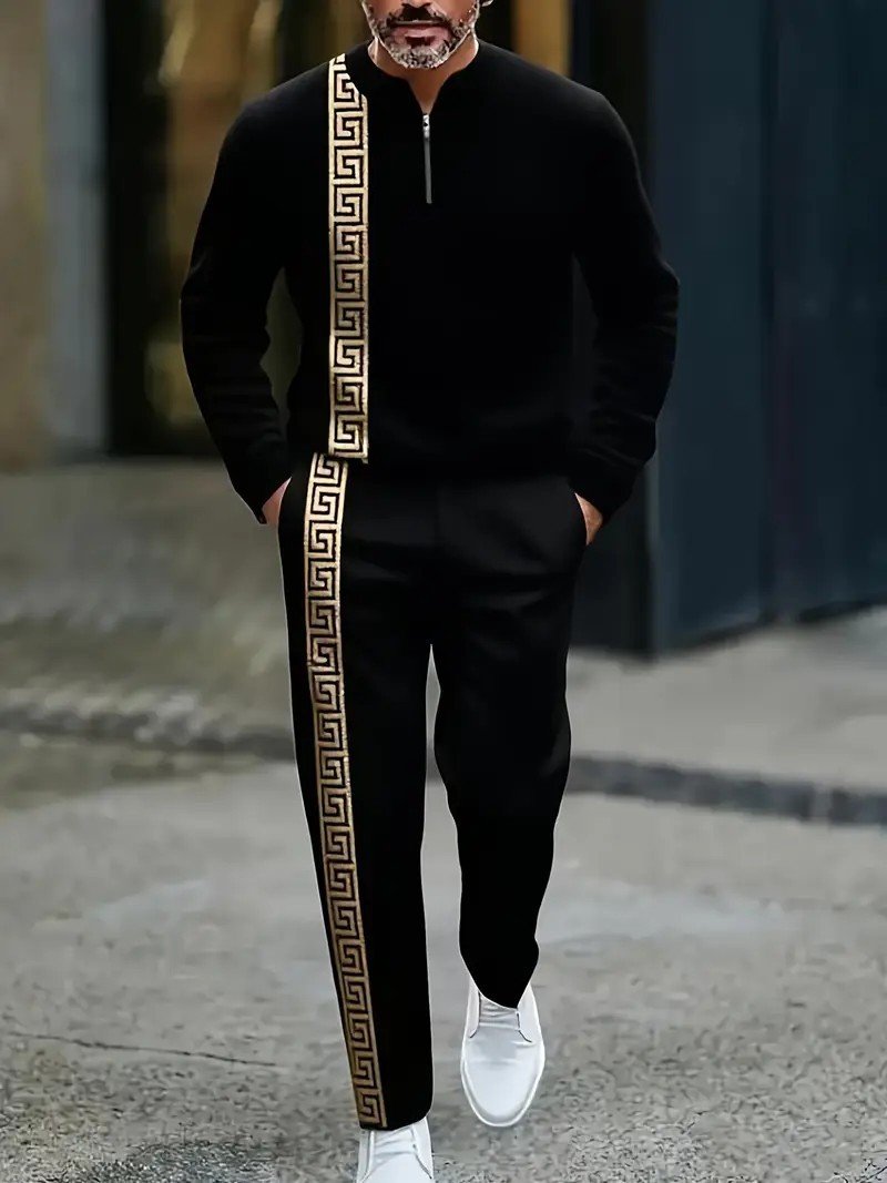 Long-sleeve Polo Shirt Long Pants Half-zip Placket Casual Sportswear Set