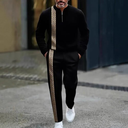 Long-sleeve Polo Shirt Long Pants Half-zip Placket Casual Sportswear Set