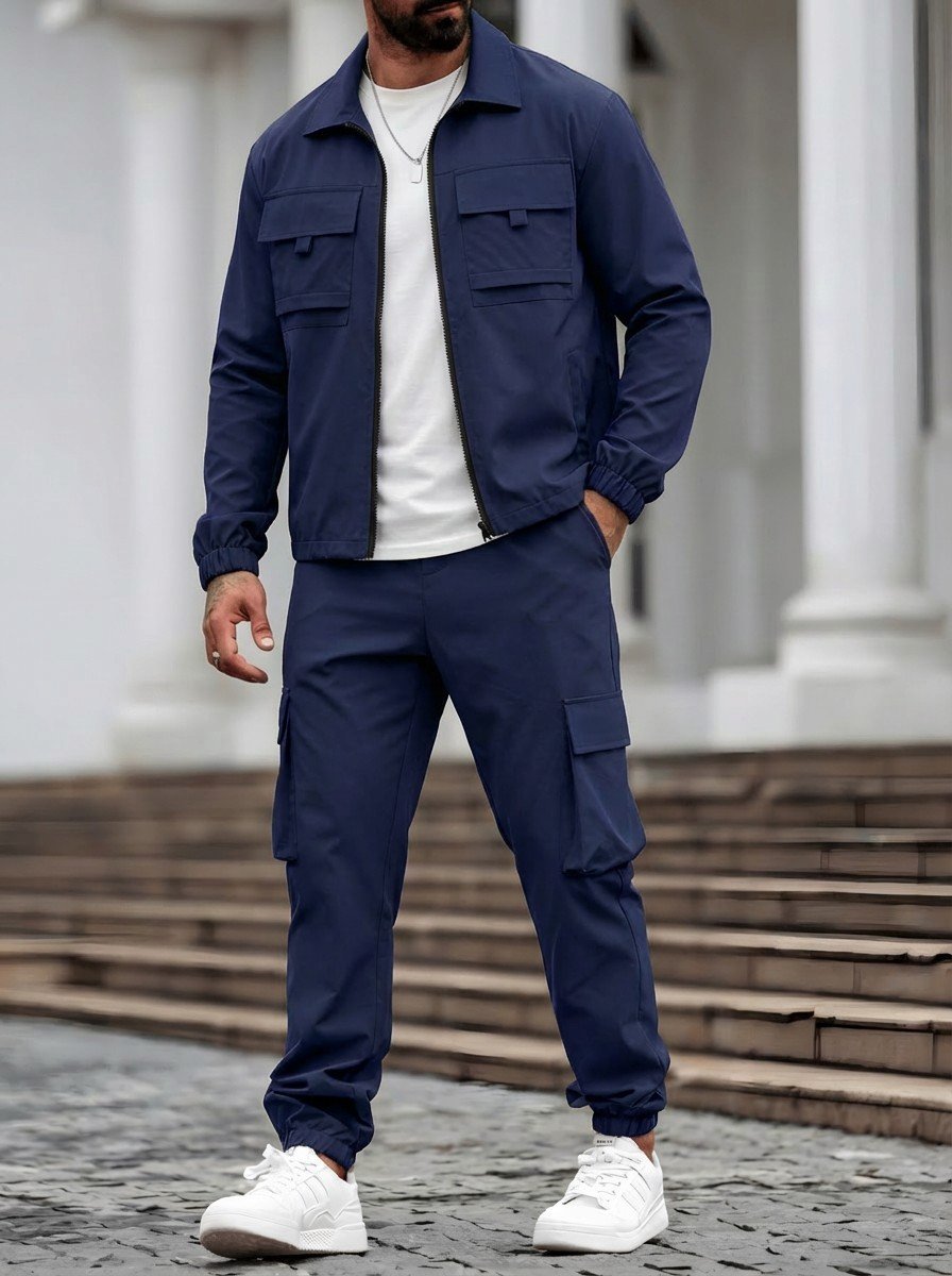 Mens Long-Sleeve Zip-Up Top And Pants Casual Workwear Set