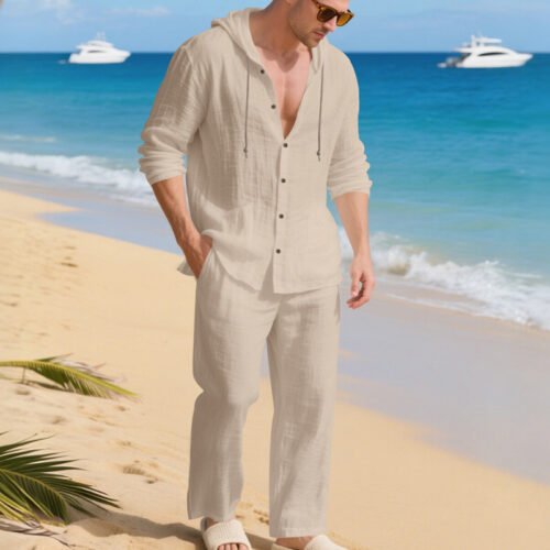 Loose, Breathable Linen Casual Hooded Long-sleeve Shirt And Pants Set