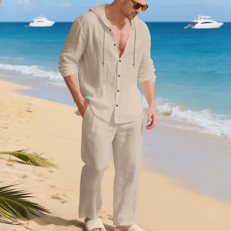 Loose, Breathable Linen Casual Hooded Long-sleeve Shirt And Pants Set