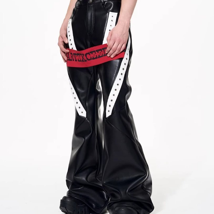 Mens Autumn Winter Color-Block Flared Leather Pants With Ribbon Design