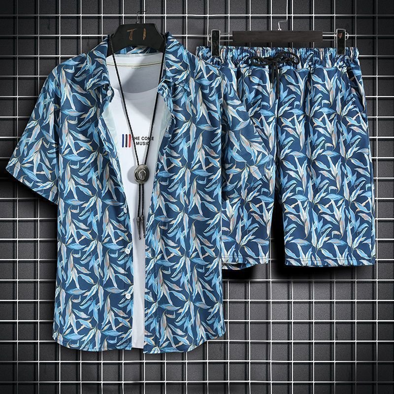 Mens Short-Sleeve Shirt And Casual Shorts Set